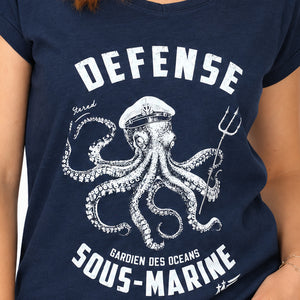T-shirt Col V Défense sous-marine bleu-marine