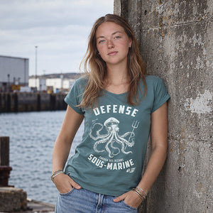 T-shirt Col V Défense sous-marine vert Femme STERED